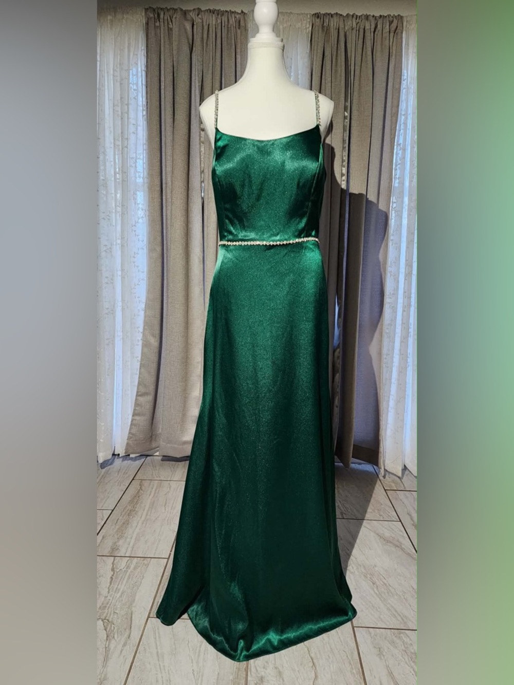 Christina Wu Emerald Satin Maxi Dress with Pearl Waist